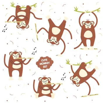 Cute scandinavian monkey set isolated on white. Jungle animal collection Stock Illustration