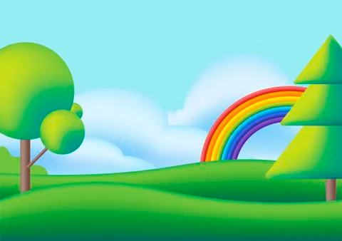 Cute scape with rainbow, trees and green meadow. Vector flat illustration. Fu Stock-Illustration