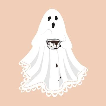 A cute scared lace-sheet ghost, spilling a coffee on its sheet . Sheet ghos.. Stock Illustration