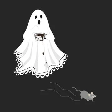 A cute scared lace-sheet ghost scared of a running mouse and spilling a cof.. Stock Illustration