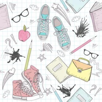 Cute school abstract pattern. seamless pattern with shoes, bags, glasses, sta Stock Illustration