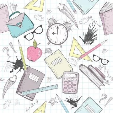 Cute school abstract pattern. seamless pattern with alarm clock, bags, glasse Stock Illustration