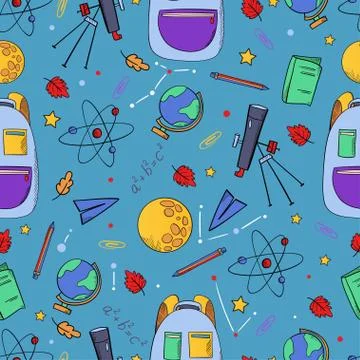 Cute school abstract pattern. Seamless pattern with bags, study supplies. 스톡 일러스트