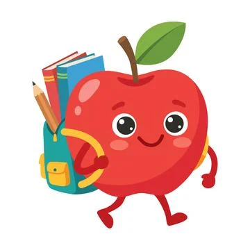 Cute School Apple Character With Backpack Vector Illustration Stock Illustration