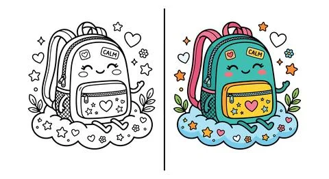 Cute School Backpack Character With Calm Badge Coloring Page For Kids Fun Stock Illustration