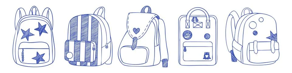 Cute School Backpack Doodle Set Stock Illustration