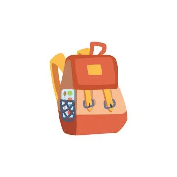 Cute school backpack with watercolors in side pocket flat style Illustrazione stock