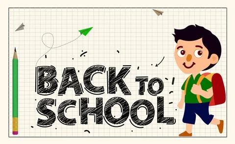 Cute School Boy and Back to School Text on Grid Background Stock Illustration