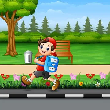 Cute school boy going to school pass through a park Ilustración de archivo