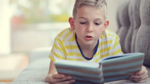 Cute school boy reading a book on a couch Stock Footage 108064623