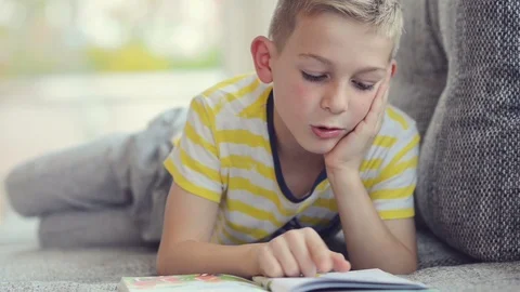 Cute school boy reading a book on a couch Video stock 108064790