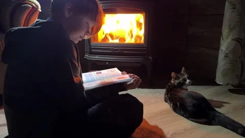Cute school boy, sitting in front of the fireplace and reading a book Stock Footage 317626694