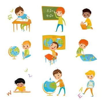 Cute School Boy Studying and Learning Having Subject Lesson Big Vector Set Stock Illustration