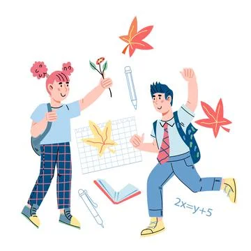 Cute school children with backpack going to school, cartoon vector illustrati Illustrazione stock