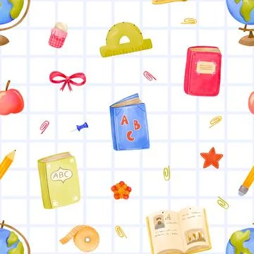 Cute school elements watercolor seamless pattern Stock Illustration