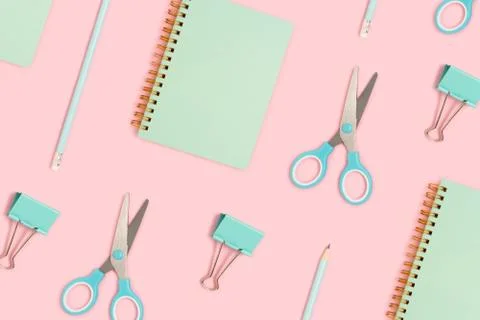 Cute school equipment pattern on a pink background. Stock Photos