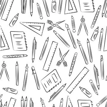 Cute school patten hand drawn outline with line sketch of black materials. Illustrazione stock