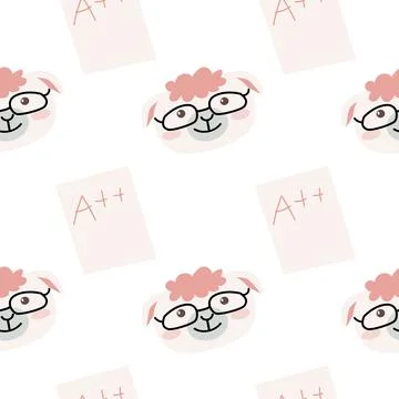Cute school pattern with sheet with A plus and lamb student Stock Illustration