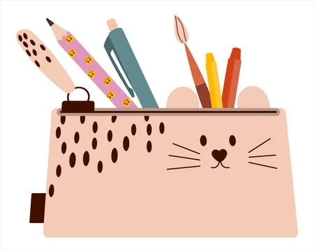 Cute school pencil case filled with stationery pencils, brushes. Illustrati.. Stock Illustration