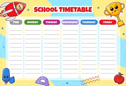 Cute School Planner Timetable Template for Kid. Printable Cute School Schedul Stock Illustration