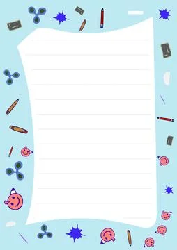 Cute School Stationery Template featuring pencils, erasers, and spinners on a Stock Illustration