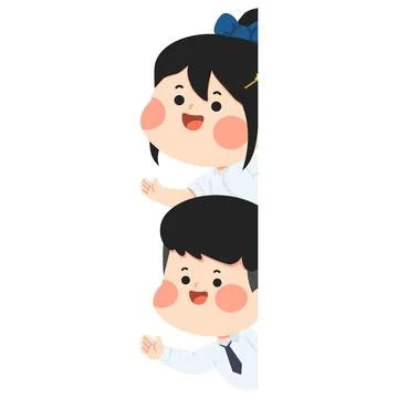 Cute School Student Characters Peeking and Waving Greeting Ilustración de archivo