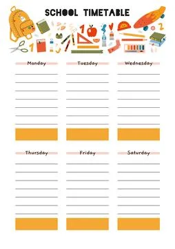 Cute school timetable for 6 days. Template with school stationery and art s.. Stock Illustration