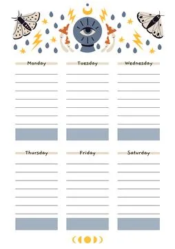Cute school timetable for 6 days. Template with magic occult things, witchc.. Stock Illustration