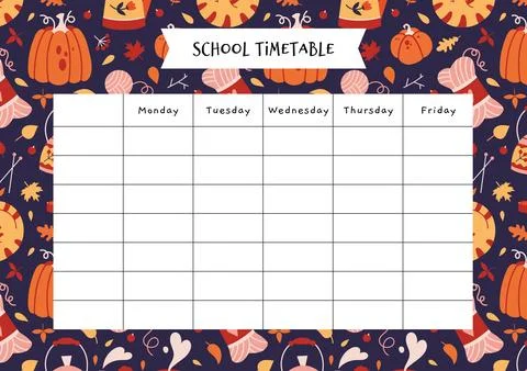 Cute school timetable with fall background, cartoon style. Cozy autumn aesthe Stock Illustration