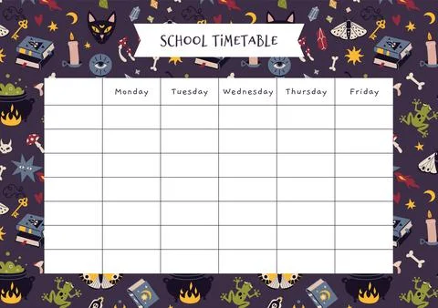 Cute school timetable with magic occult things, cartoon style. Witchcraft, .. Stock Illustration