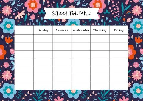 Cute school timetable with with spring vibe and flower pattern, cartoon sty.. Stock Illustration