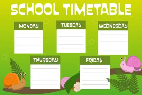 Cute school timetable template with colorful cartoon snails Stock Illustration
