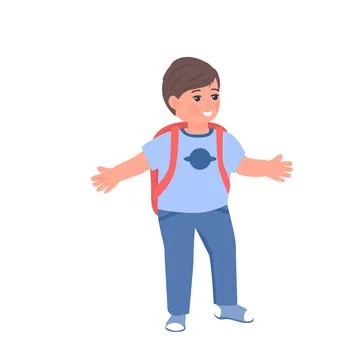 Cute schoolboy with backpack smilling, flat cartoon vector illustration isola Stock Illustration