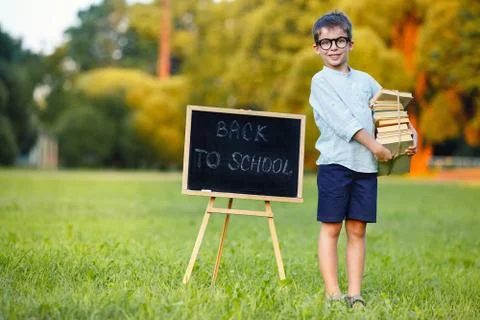Cute schoolboy carrying a large stack of books Stock Photos