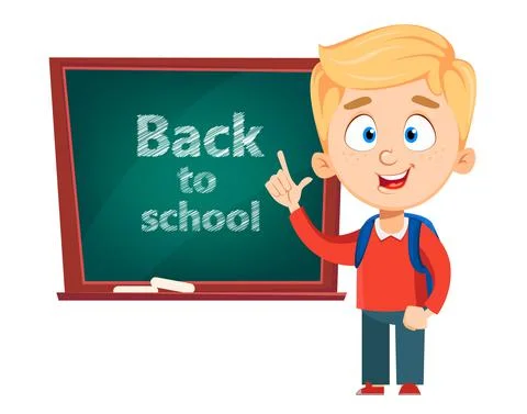 Cute schoolboy standing near blackboard Stock Illustration