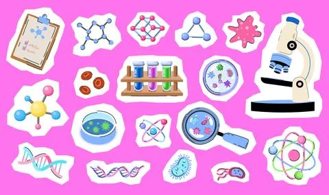 Cute Science Sticker Pack, Pink STEM Biology Chemistry Clipart, Microscope .. Stock Illustration