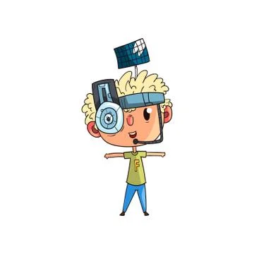 Cute scientist boy character working on science experiment set, funny kid in Stock Illustration