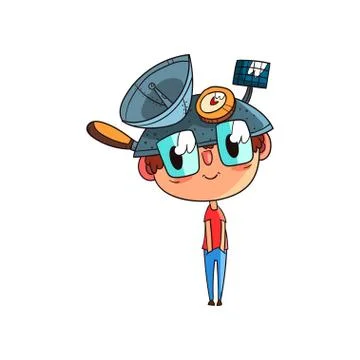 Cute scientist boy character working on physics science experiment, funny kid in Stock Illustration