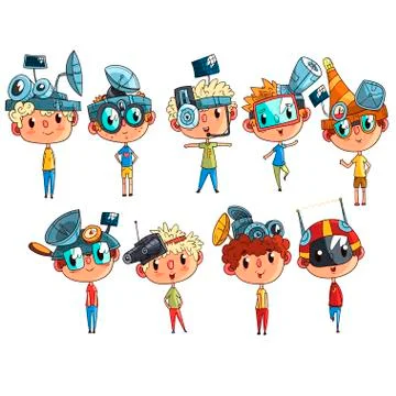 Cute scientist children working on physics science experiment set, funny boy in Stock Illustration