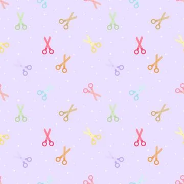 Cute Scissors Seamless Pattern on Pastel Purple Background with Sparkles Stock Illustration