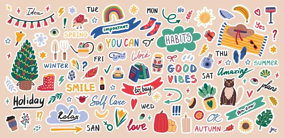 Cute scrapbook, planner elements, diary stickers. Doodle paper collection for Stock Illustration