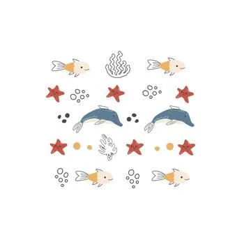 Cute sea animals compositions set. Dolphin with doodle elements, starfish and Stock Illustration
