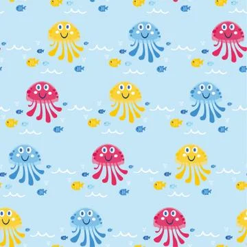 Cute sea animals of the deep fish and jellyfish. Stock Illustration