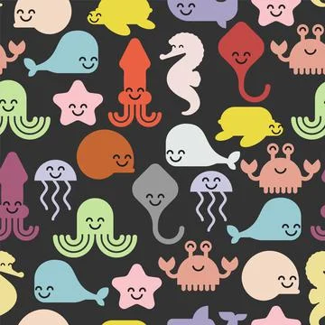 Cute sea animals pattern seamless. Cartoon sea world animal background. Baby  스톡 일러스트