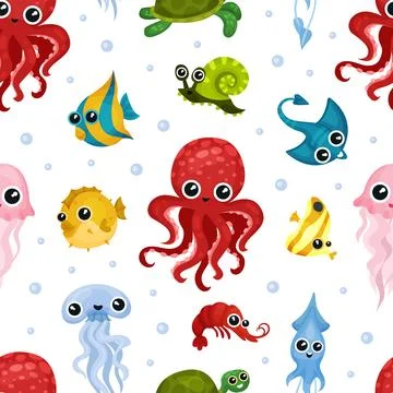 Cute sea animals seamless pattern. Funny bright marine creatures, underwater Illustrazione stock