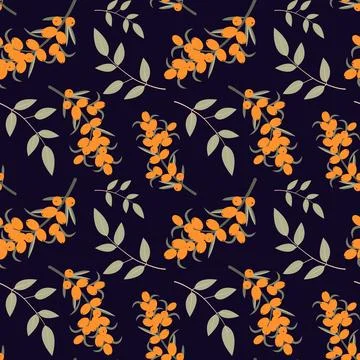 Cute sea buckthorn seamless pattern. Bright sea buckthorn berries, twigs an.. Stock Illustration