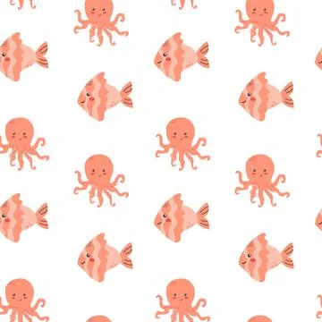 Cute sea creatures pattern featuring smiling octopuses and fish Illustrazione stock