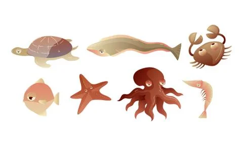 Cute Sea Creatures with Protuberant Eyes Vector Set Stock Illustration