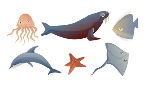 Cute Sea Creatures with Protuberant Eyes Vector Set Stock Illustration