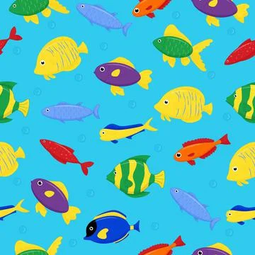Cute sea fish seamless pattern. Vector cartoon character in ocean. Tropical fish Stockillustratie